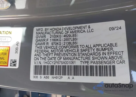 2025 Honda Accord Hybrid Ex-L z USA, uszkodzony, nr VIN 1HGCY2F67SA001061